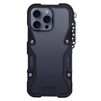 For iPhone 16 Pro Max Bumper Case Aluminium Alloy Metal Phone Shell Cover with Strap - Black