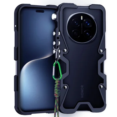 For Honor Magic7 Pro 5G Bumper Case Aluminium Alloy Metal Phone Shell Cover with Strap - Black