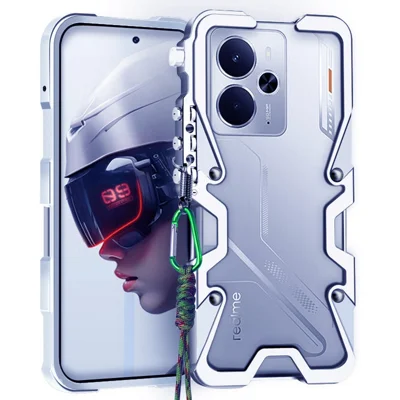 For Realme 14 5G Bumper Case Aluminium Alloy Metal Phone Shell Cover with Strap - Silver