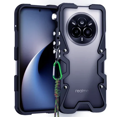 For Realme 14 Pro 5G Bumper Case Aluminium Alloy Metal Phone Shell Cover with Strap - Black