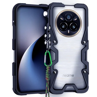 For Realme 14 Pro+ 5G Bumper Case Aluminium Alloy Metal Phone Shell Cover with Strap - Black