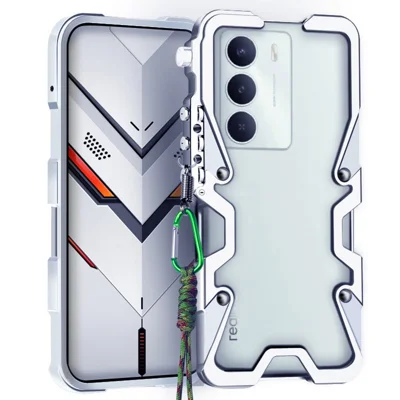 For Realme 14x 5G Bumper Case Aluminium Alloy Metal Phone Shell Cover with Strap - Silver