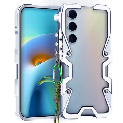 For Samsung Galaxy S24 FE Bumper Case Aluminium Alloy Metal Phone Shell Cover with Strap - Silver