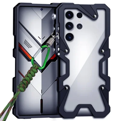 For Samsung Galaxy S24 Ultra Bumper Case Aluminium Alloy Metal Phone Shell Cover with Strap - Black