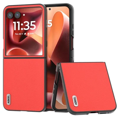 ABEEL For Motorola Razr 70 Ultra / 60 Ultra 5G / Razr Ultra 2026 5G / 2025 5G Case Electroplating Genuine Cow Leather Coated PC Phone Cover - Red