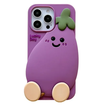 For iPhone 16 Pro Max Silicone Case Cute Eggplant Design Shockproof Phone Back Cover