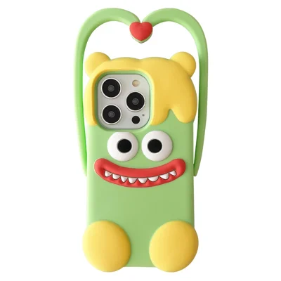 For iPhone 16 Pro Silicone Case Cute Heart Monster Design Shockproof Phone Back Cover - Green
