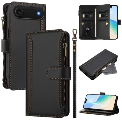 For iPhone Air Leather Case 9 Card Slots Zipper Wallet Stand Phone Cover with Wrist Strap - Black