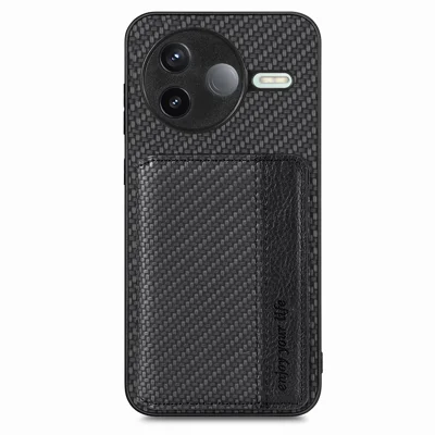 For Xiaomi Poco F7 Pro 5G / Xiaomi Redmi K80 5G Case RFID Blocking Carbon Fiber Leather Phone Back Cover with Card Holder - Black