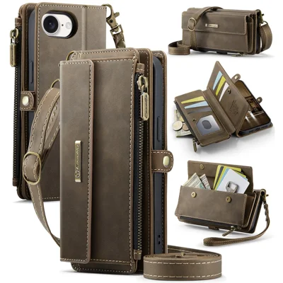 For iPhone 16e Case CASEME C39 RFID-blokerende zippen wallet stående læderdæksel med rem - Brun