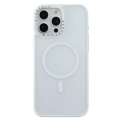 JAUCASE Voor iPhone 14 Pro Magnetisch Hoesje Met Strass Metalen Lensframe TPU + PC Telefoonhoes - Wit