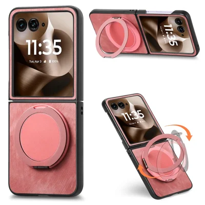 Rotating Kickstand Case for Motorola Razr 70 Ultra / 60 Ultra 5G / Razr Ultra 2026 5G / 2025 5G Stress Relief Retro Leather Back Cover - Pink
