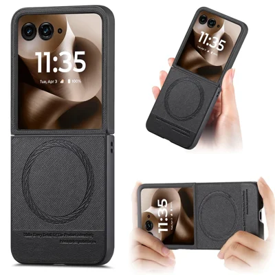 Magnetic Case for Motorola Razr 70 Ultra / 60 Ultra 5G / Razr Ultra 2026 5G / 2025 5G Denim Texture Leather Back Cover - Black