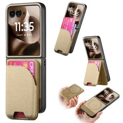 Magnetic Case for Motorola Razr 70 Ultra / 60 Ultra 5G / Razr Ultra 2026 5G / 2025 5G Kickstand Denim Texture Leather Back Cover with Detachable Card Bag - Khaki