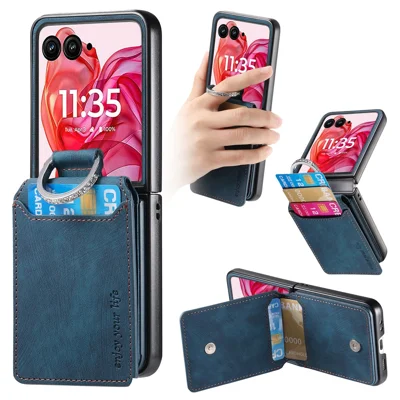 Card Holder Case for Motorola Razr 70 Ultra / 60 Ultra 5G / Razr Ultra 2026 5G / 2025 5G Kickstand Retro Texture Leather Back Cover - Blue