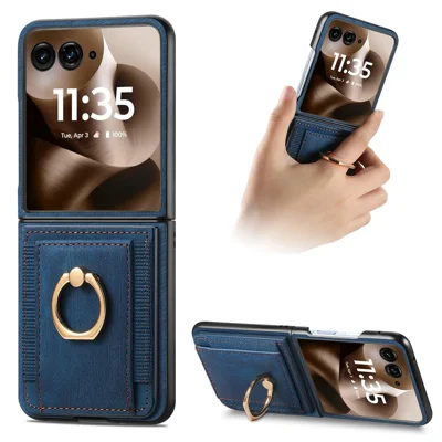 Card Holder Case for Motorola Razr 70 Ultra / 60 Ultra 5G / Razr Ultra 2026 5G / 2025 5G Retro Leather + PC Phone Cover with Ring Kickstand - Blue