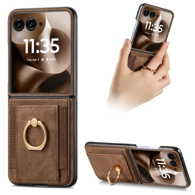 Card Holder Case for Motorola Razr 70 Ultra / 60 Ultra 5G / Razr Ultra 2026 5G / 2025 5G Retro Leather + PC Phone Cover with Ring Kickstand - Brown
