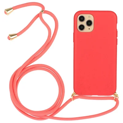Bulk Purchasing For iPhone 14 Pro Max Back Case Wheat Straw + TPU Shockproof Phone Cover with Adjustable Lanyard - Red