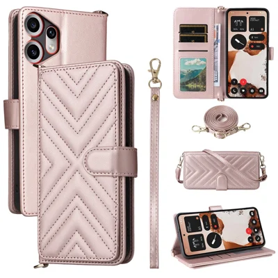 For Nothing CMF Phone 2 Pro Case with Shoulder / Wrist Strap Leather Phone Cover Stand Wallet - Pink
