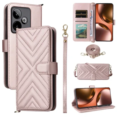 For Realme GT 7 5G Case with Shoulder / Wrist Strap Leather Phone Cover Stand Wallet - Pink