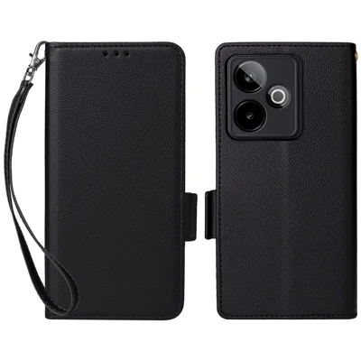 For Realme GT 7 5G Case with Wrist Strap Litchi Texture PU Leather Wallet Phone Cover - Black