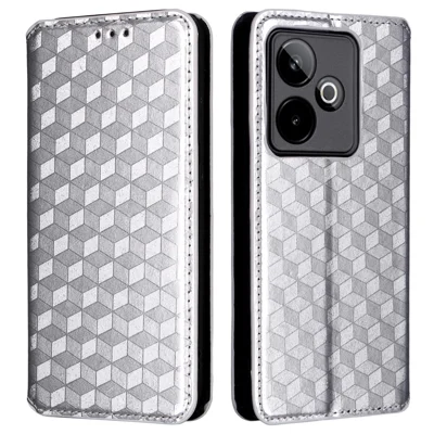 For Realme GT 7 5G Case Wallet Rhombus Imprinted Leather Phone Cover - Silver