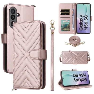 For Samsung Galaxy F56 5G / M56 5G Case with Shoulder / Wrist Strap Leather Phone Cover Stand Wallet - Pink