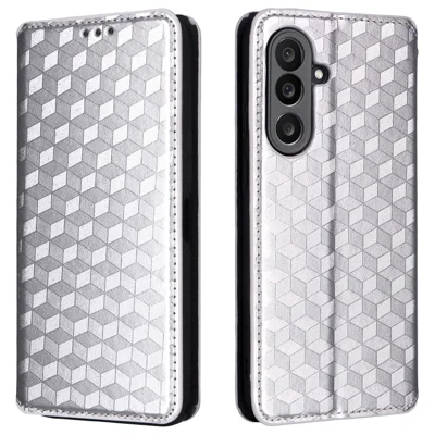 For Samsung Galaxy F56 5G / M56 5G Case Wallet Rhombus Imprinted Leather Phone Cover - Silver
