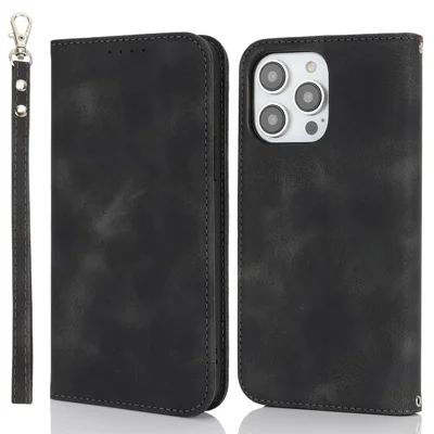 Standhoes voor iPhone 13 Pro Max / 12 Pro Max met magnetische sluiting, zachte lederen fliphoes met portemonnee - Zwart