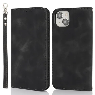 For iPhone 15 Plus  /  14 Plus Stand Case Magnetic Closure Skin Touch Leather Flip Phone Cover with Wallet - Black