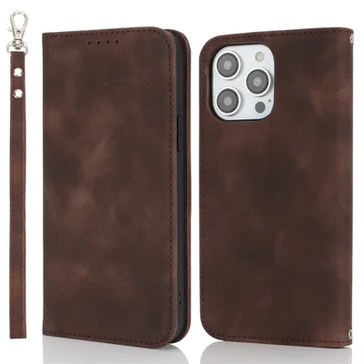 For iPhone 14 Pro Max Stand Case Magnetic Closure Skin Touch Leather Flip Phone Cover with Wallet - Coffee