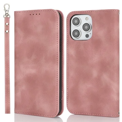 For iPhone 15 Pro Max Stand Case Magnetic Closure Skin Touch Leather Flip Phone Cover with Wallet - Pink