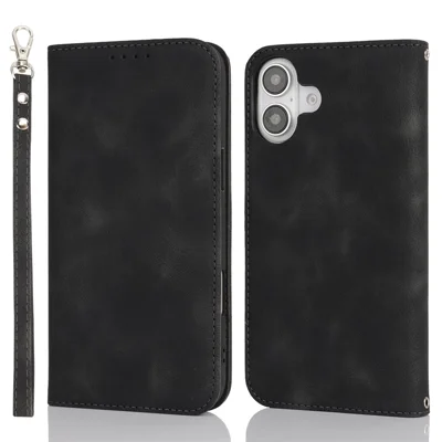 For iPhone 16 Stand Case Magnetic Closure Skin Touch Leather Flip Phone Cover with Wallet - Black