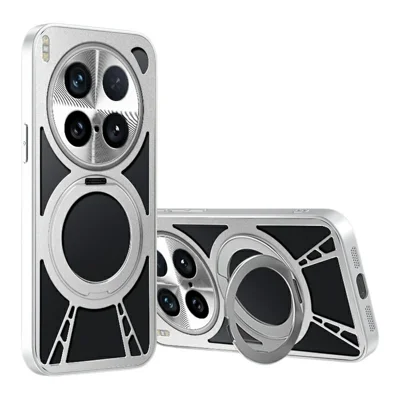 For vivo X200 Ultra 5G Case Magnetic Kickstand Hollow Heat Dissipation Silicone + PC + Metal Bumper Phone Cover - Silver