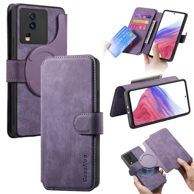CASENEO For vivo iQOO Neo7 5G Magnetic Case  Detachable Leather Phone Wallet Cover - Purple 