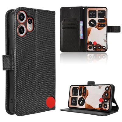 For Nothing CMF Phone 2 Pro Leather Wallet Case with Strap Diamond Texture Phone Cover - Black