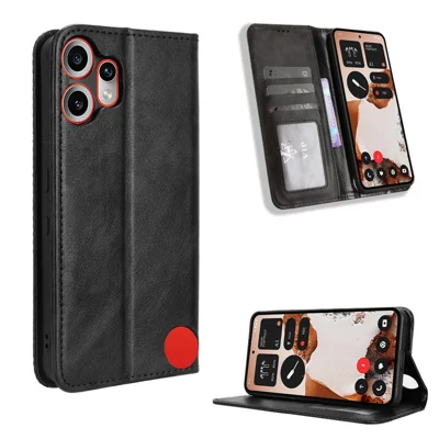 For Nothing CMF Phone 2 Pro Leather Case Wallet Stand Retro Texture Phone Cover - Black