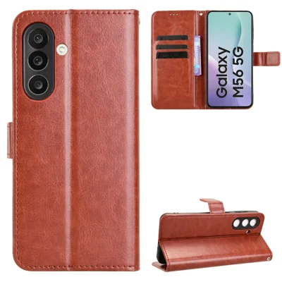 For Samsung Galaxy F56 5G / M56 5G PU Leather Case with Strap Crazy Horse Texture Phone Wallet Cover - Brown