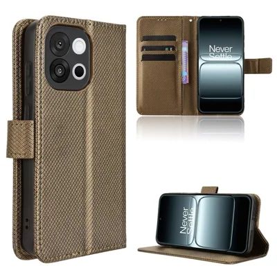 For OnePlus 13T 5G Leather Wallet Case with Strap Diamond Texture Phone Cover - Brown