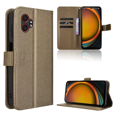 For Samsung Galaxy XCover7 Pro Leather Wallet Case with Strap Diamond Texture Phone Cover - Brown