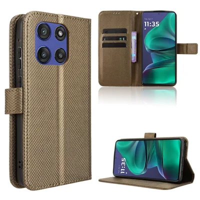 For Motorola Moto G Stylus 5G (2025) / Motorola Edge 60 Stylus 5G Leather Wallet Case with Strap Diamond Texture Phone Cover - Brown