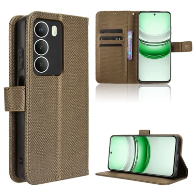 For Realme C73 5G / 14x 5G / V70 5G / V70s 5G Leather Wallet Case with Strap Diamond Texture Phone Cover - Brown