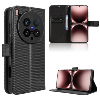 For vivo X200 Ultra 5G Leather Wallet Case with Strap Diamond Texture Phone Cover - Black