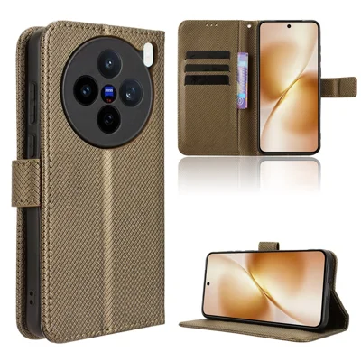 For vivo X200s 5G Leather Wallet Case with Strap Diamond Texture Phone Cover - Brown