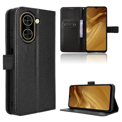 For Xiaomi Redmi A5 NFC (EU) (173.45mm) Leather Wallet Case with Strap Diamond Texture Phone Cover - Black