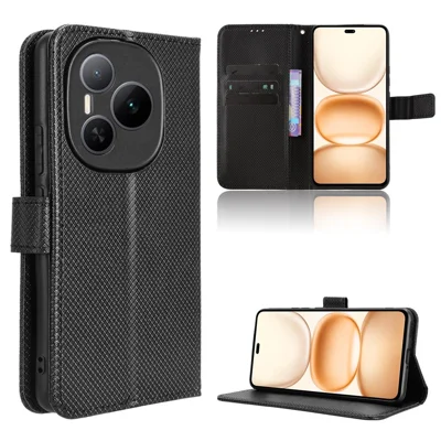 For Honor Power 5G Leather Wallet Case with Strap Diamond Texture Phone Cover - Black