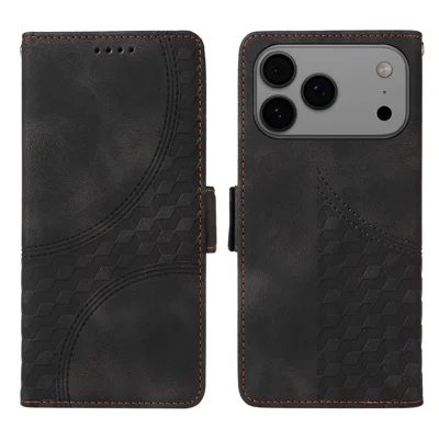 For iPhone 17 Pro Max Leren Hoesjes Portemonnee Ruitvormig Gestempeld Telefoonhoesje met Stand en Bandje - Zwart