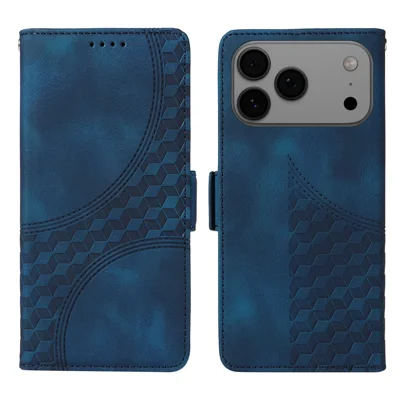For iPhone 18 Pro Max / 17 Pro Max Leather Cases Wallet Rhombus Imprinted Phone Cover Stand with Strap - Blue