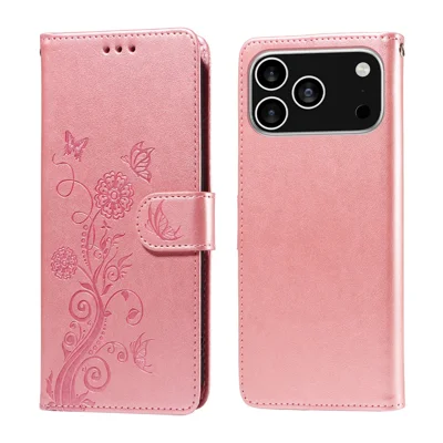 For iPhone 18 Pro / 17 Pro Leather Case Butterfly Floral Imprint Wallet Stand Cover - Pink