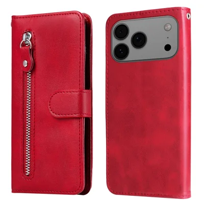 Voor iPhone 17 Pro Max PU Leren Hoesjes met Ritsvak Portemonnee Telefoonhoesje Stand - Rood